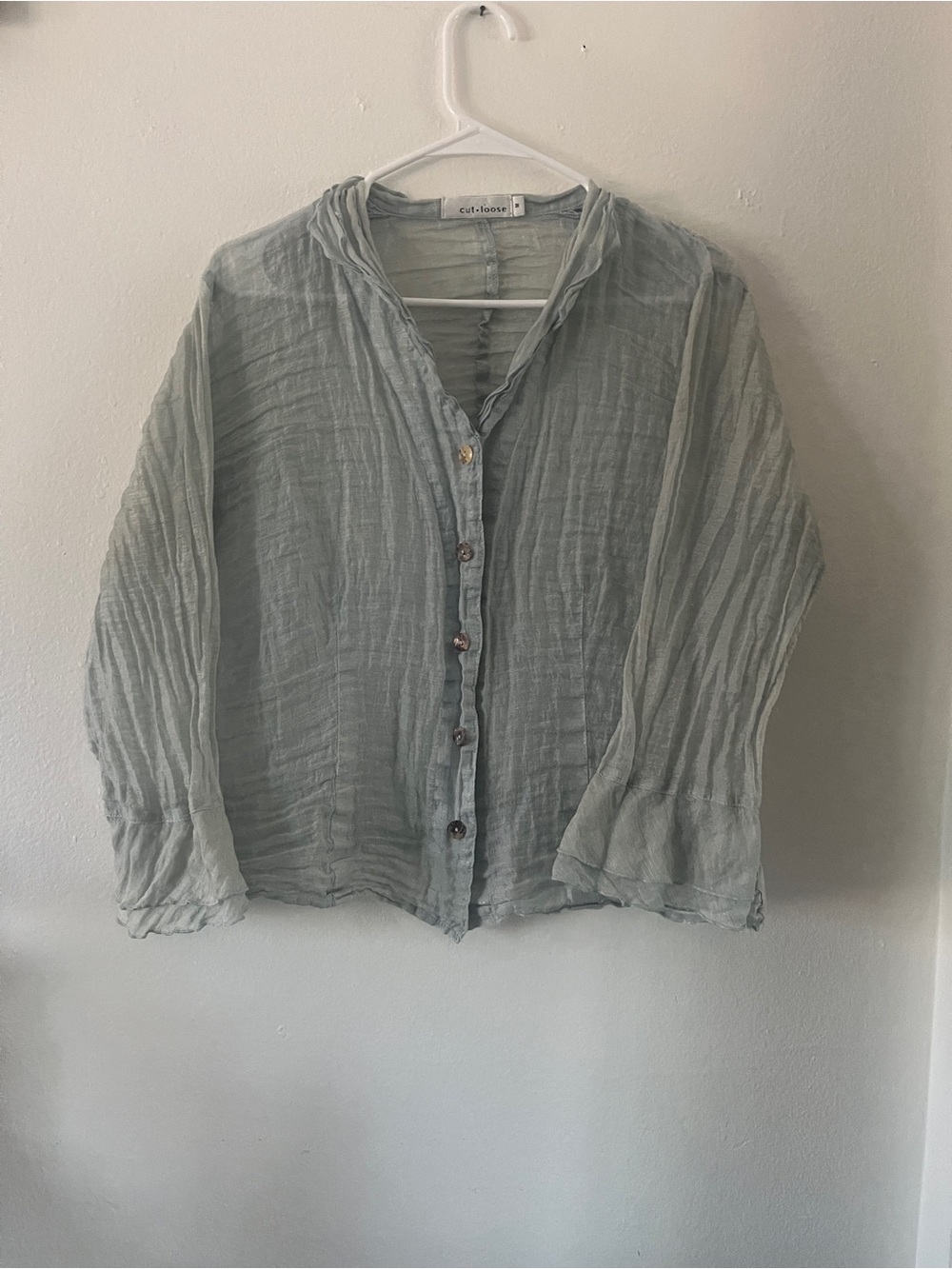 cut loose crinkled button-front blouse in sage green
